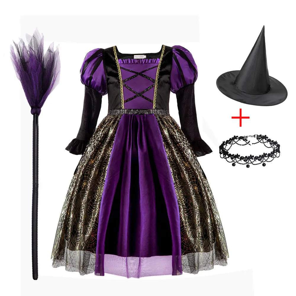 Purple Black Witch Golden Spider Web Kids' Dress Halloween Costume - product image 13