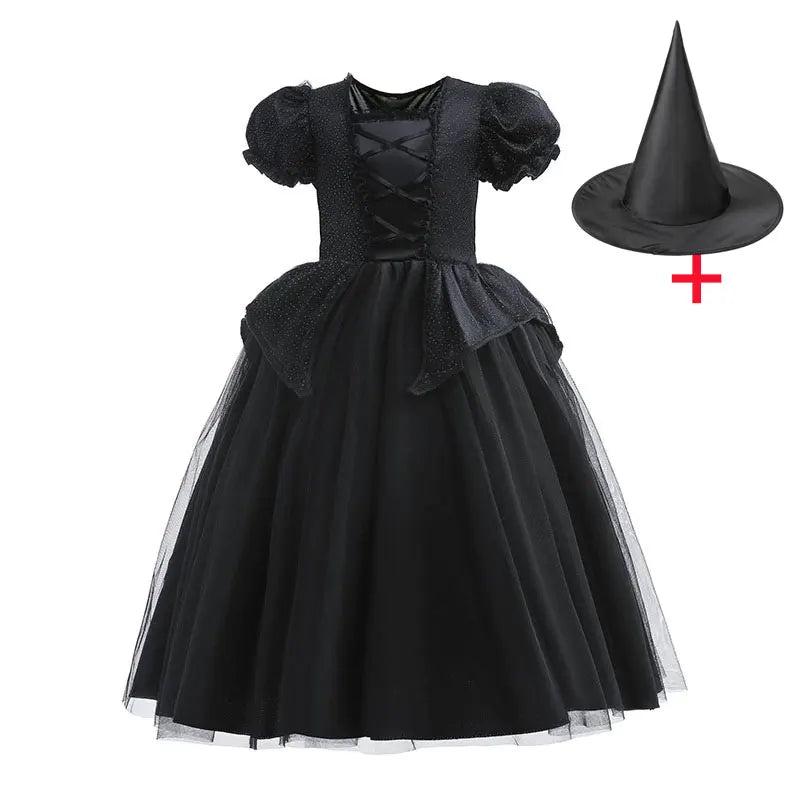 Girls Black Witch Halloween Costume Dress with Hat