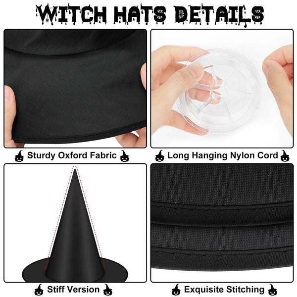 36 PCS Halloween Witch Hats, Black Hanging Witch Hats Porch Yard Decor | Witch Costume Accessories Witches Hat with 328 FT Nylon Cord Wizard Hats Indoor Outdoor Halloween Decorations - Black - Size 36Pcs