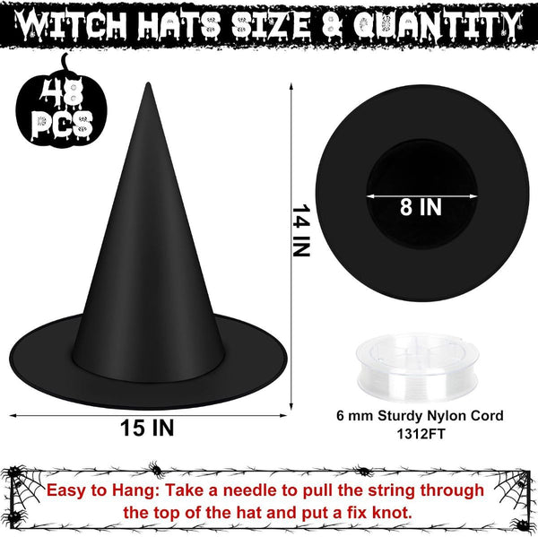 48 PCS Halloween Witch Hats, Black Hanging Witch Hats Porch Yard Decor | Witch Costume Accessories Witches Hat with 328 FT Nylon Cord Wizard Hats Indoor Outdoor Halloween Decorations - Black - Size 48Pcs