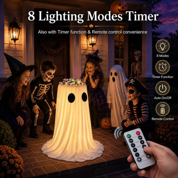 30-Inch Lighted Ghost Candy Bowl with Timer Remote