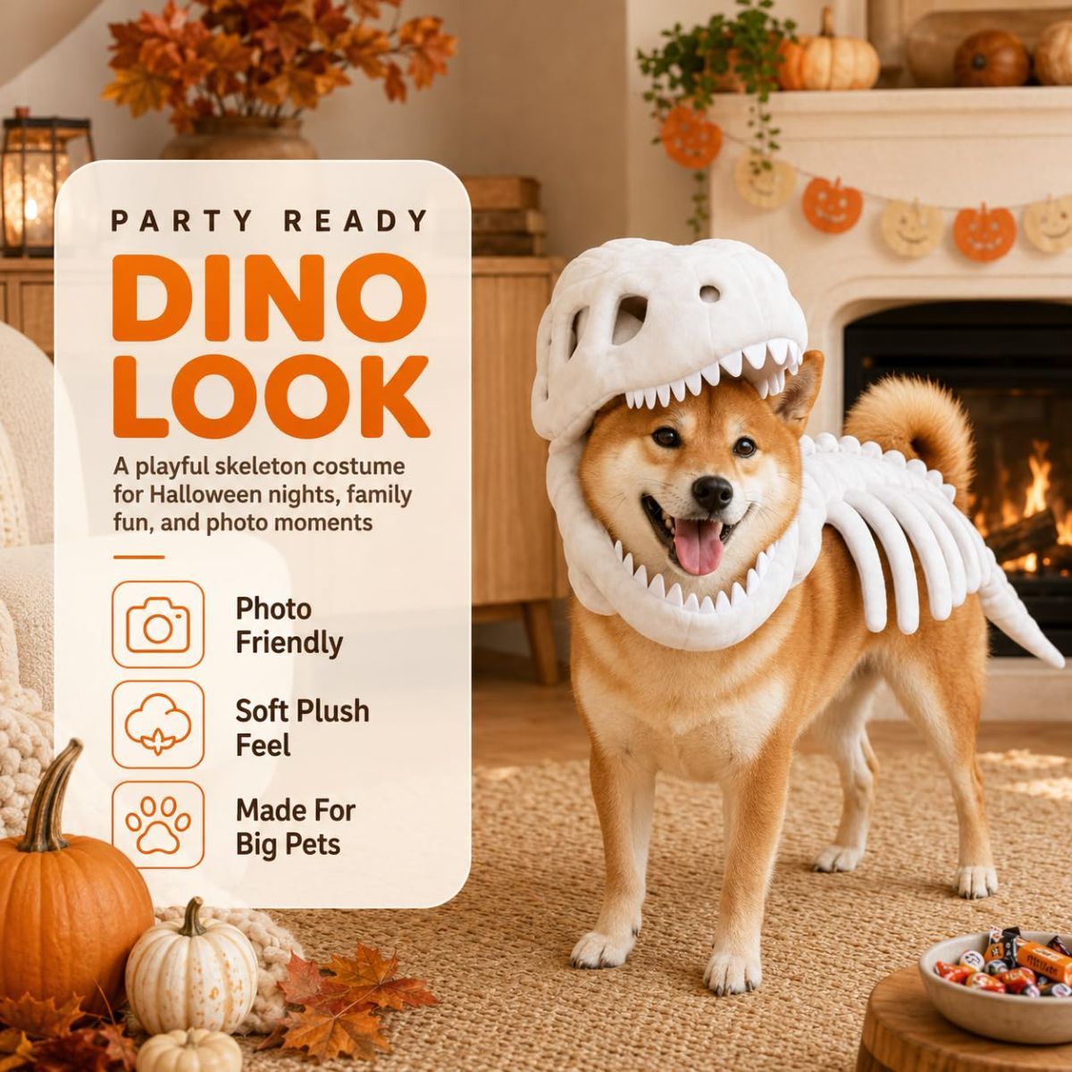Dinosaur Skeleton Glow in Dark Dog and Cat Costume,Pet Dinosaur Costume,Plush Halloween Pet Hood Outfit - White - Size 47.2in