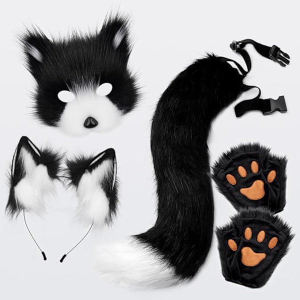 Green Plush Fox Tail and Ears Set with Cat Ears Paw Gloves Halloween Cosplay Costume