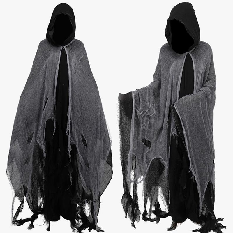 🎃 Halloween Adult Horror Hooded Tattered Cloak! Witch Zombie Reaper Cosplay Robe, Party Ghost Costume, Oversized Floor-Length Cape Maxes Out the Vibes! 👻/grey