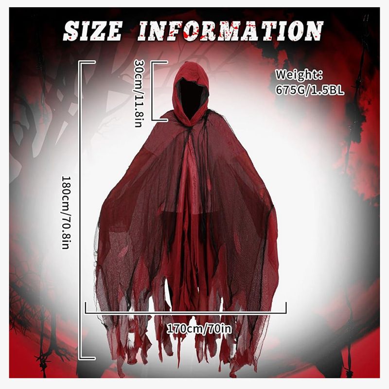 🎃 Halloween Adult Horror Hooded Tattered Cloak! Witch Zombie Reaper Cosplay Robe, Party Ghost Costume, Oversized Floor-Length Cape Maxes Out the Vibes! 👻RED