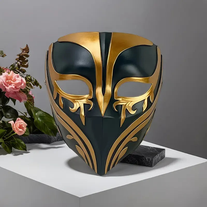 Resin Night Jasmine Full-Face Masquerade Mask ‚Äì Black & Gold Relief