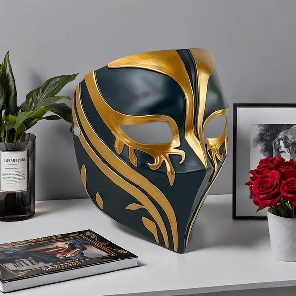 Resin Night Jasmine Full-Face Masquerade Mask ‚Äì Black & Gold Relief