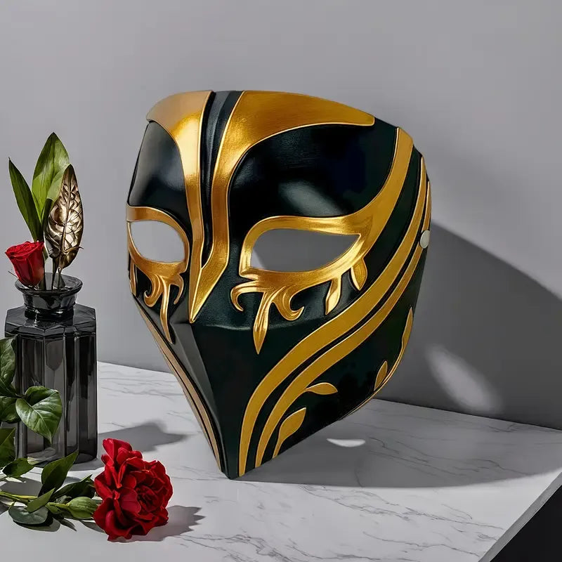 Resin Night Jasmine Full-Face Masquerade Mask ‚Äì Black & Gold Relief