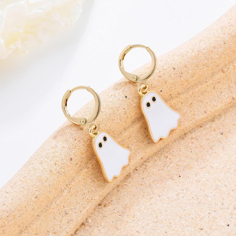 Halloween Ghost Earrings for Women's Gold Ghost Huggie Hoop - Discount Halloween City
