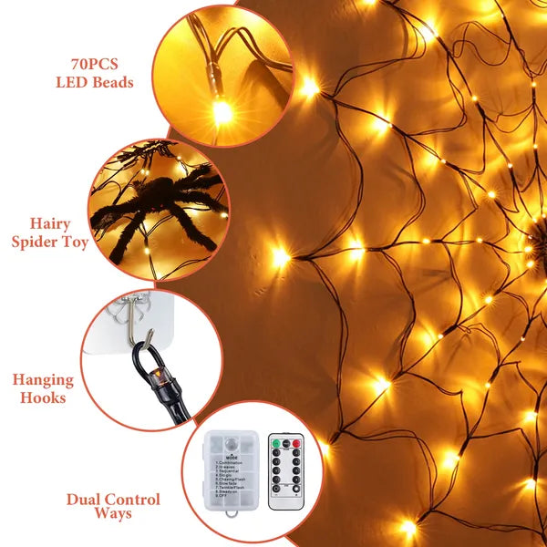 3.28ft Spider Web Light with Hairy Spider 70LED Battery - Discount Halloween City