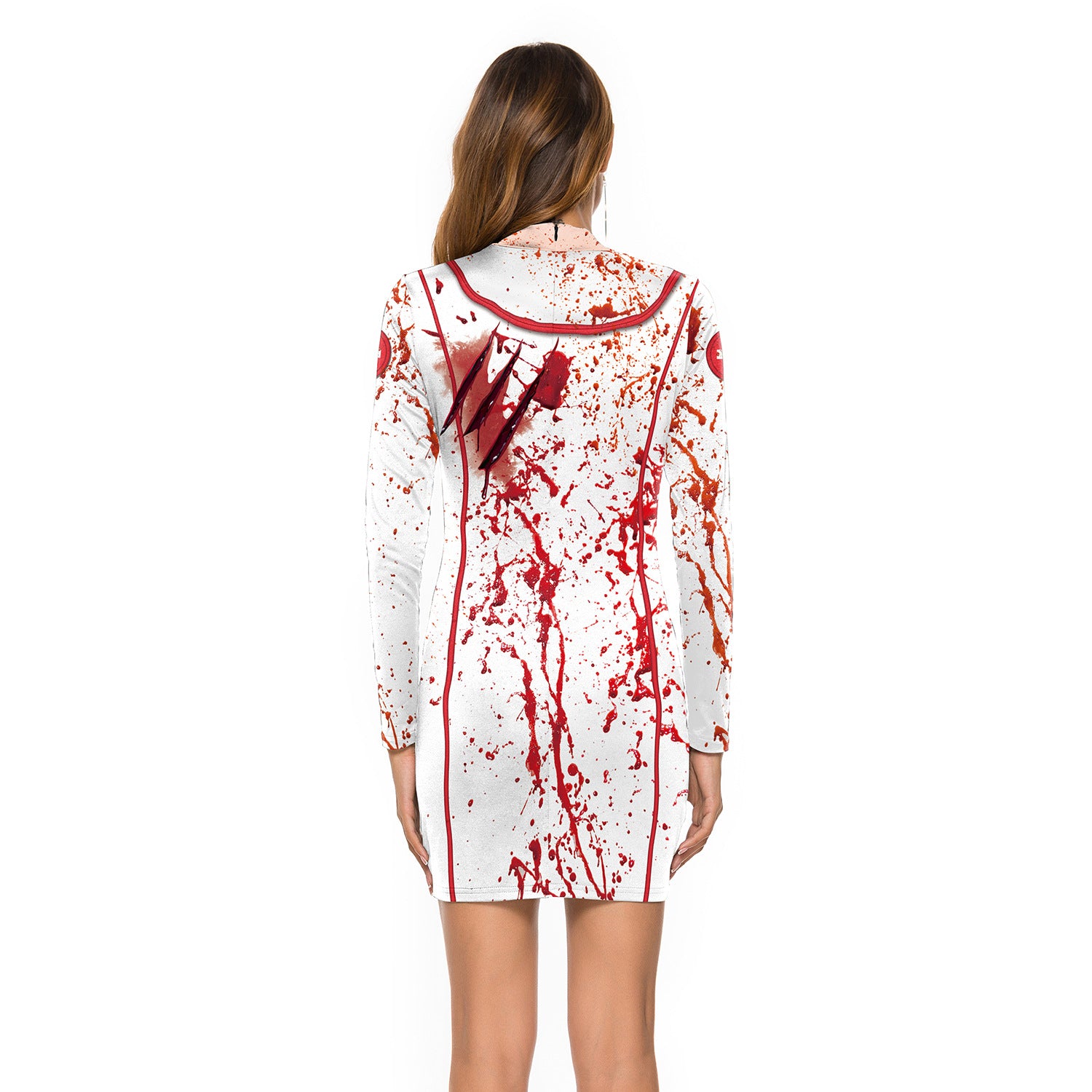 Halloween Nurse Zombie Round Neck Slim Long Sleeve Dress Costume - Discount Halloween City