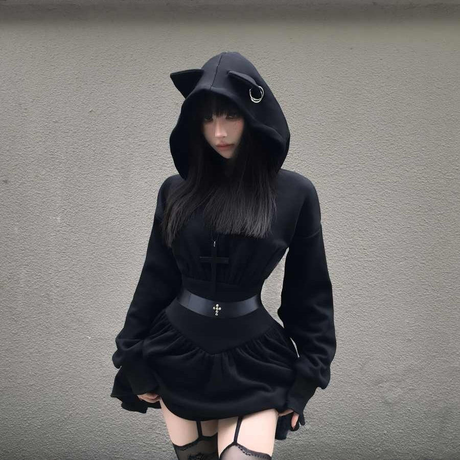 Dark-style Halloween Hoodie with Fleece-lined Dress for Fall