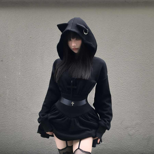 Dark-style Halloween Hoodie with Fleece-lined Dress for Fall