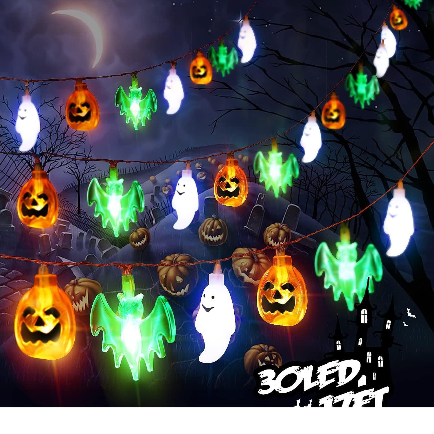 LED Halloween Pumpkin Spider Bat Skull String Light Lamp - Discount Halloween City