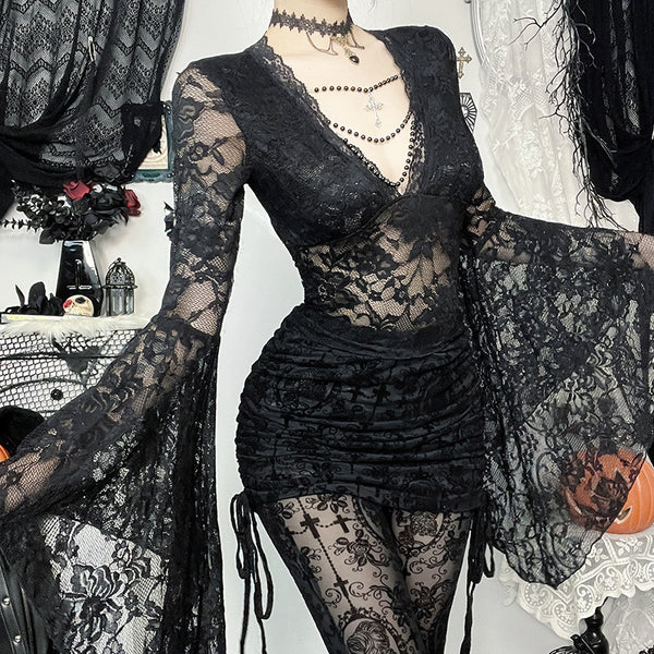 Halloween Dark Style Elegant Lace V-neck Bead Chain Top - Discount Halloween City