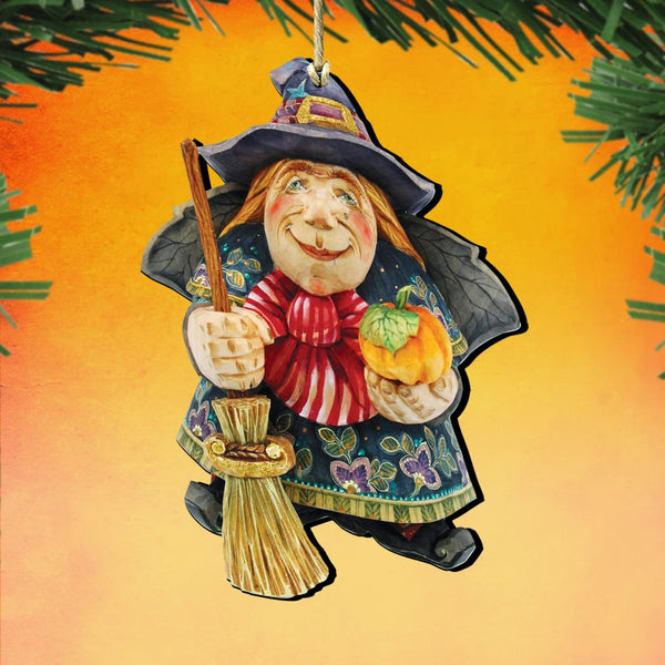Halloween Witch & Pumpkin Wooden Ornament