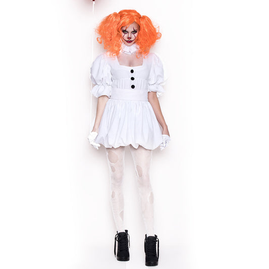 Halloween Ghost Doll Clown Cos Costume White Dress | Wigs | Gloves - Indoor Decorations