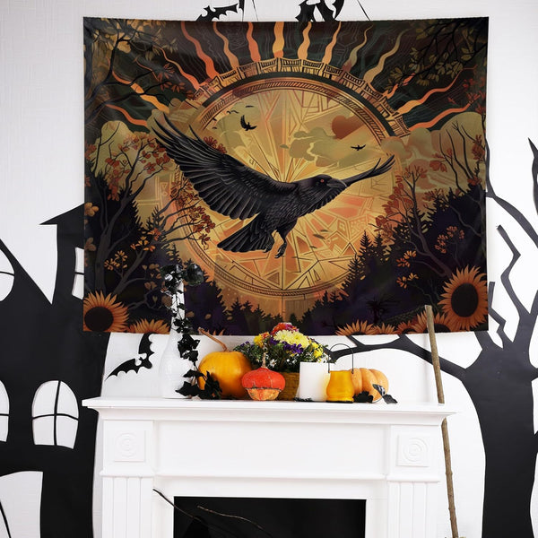 Black Raven Sunrise Sunflower Tapestry