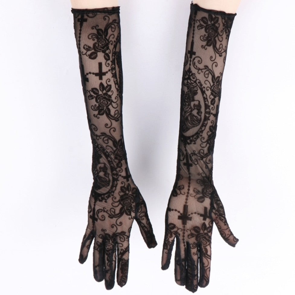 Sexy Lace Long Gloves Dark Skull Halloween Costume - Discount Halloween City