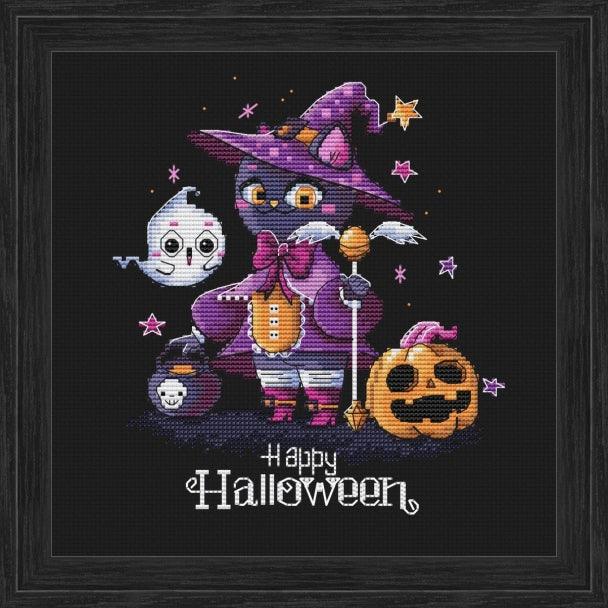 Chloe. Halloween Cat with Pumpkin and Ghost  - PDF Cross Stitch Pattern