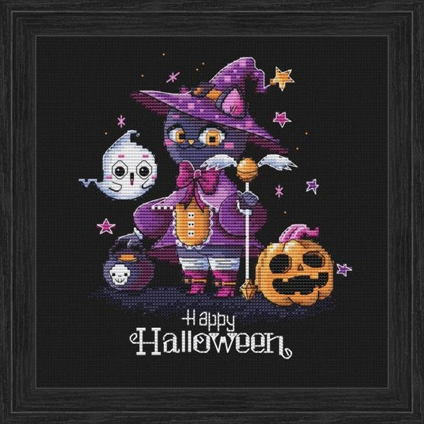 Chloe. Halloween Cat with Pumpkin and Ghost  - PDF Cross Stitch Pattern