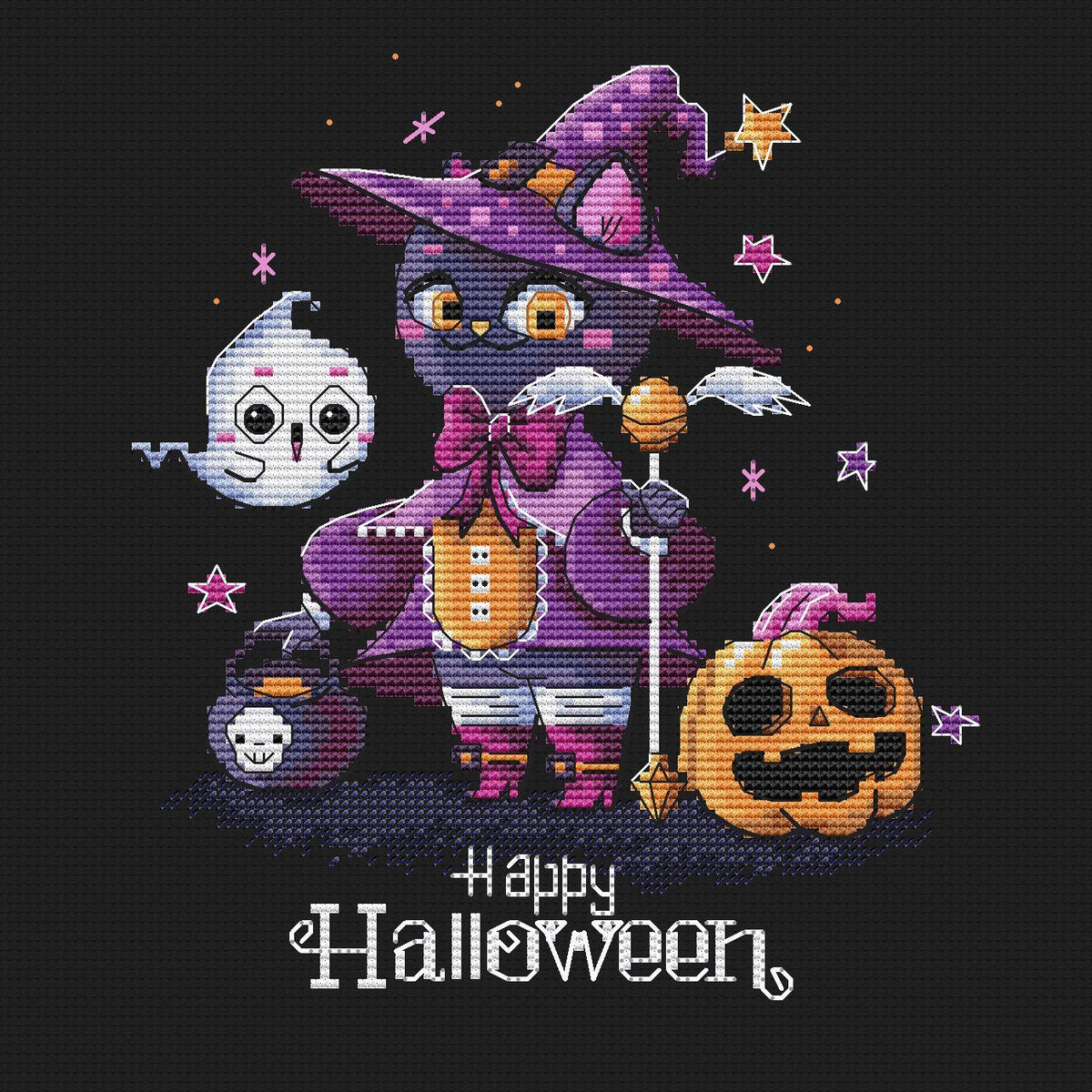 Chloe. Halloween Cat with Pumpkin and Ghost  - PDF Cross Stitch Pattern