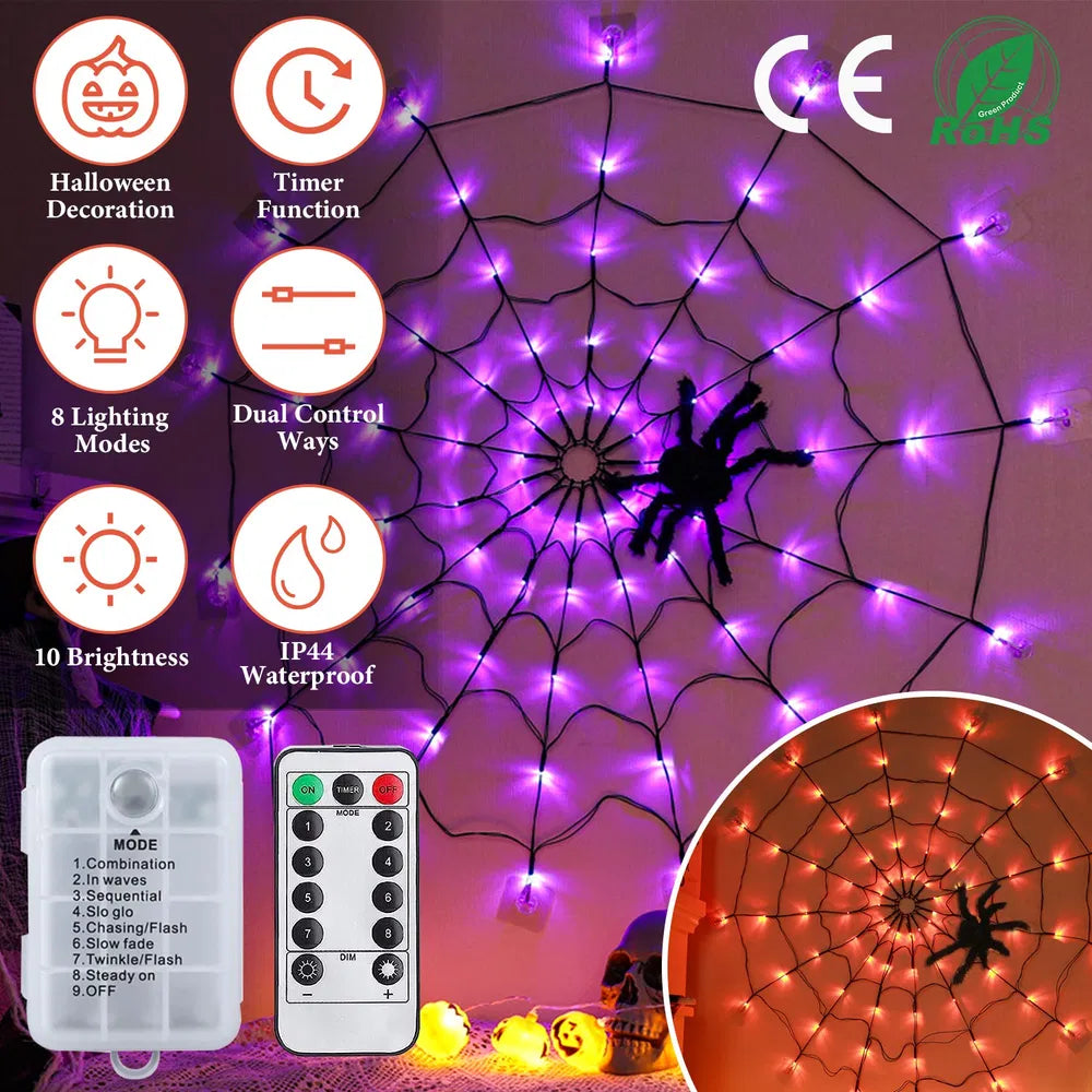 3.28ft Spider Web Light with Hairy Spider 70LED Battery - Discount Halloween City