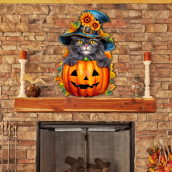 Black Cat Pumpkin Holiday Door Decor by G. DeBrekht - Halloween Decor - 8652794H