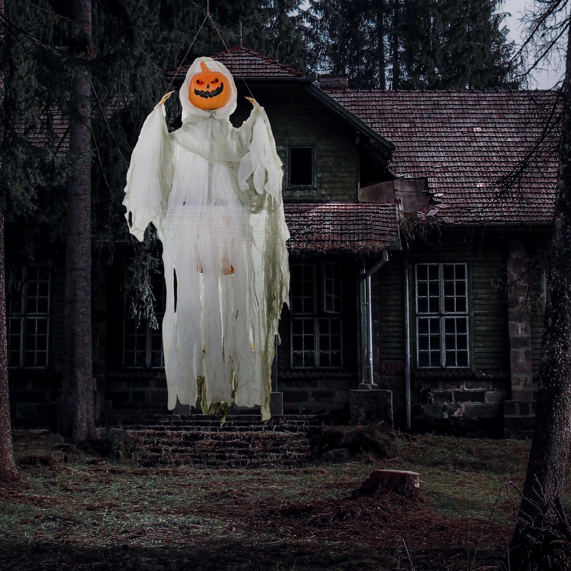 3.9' Outdoor Halloween Hanging Pumpkin Ghost W/ Light Up - Discount Halloween City