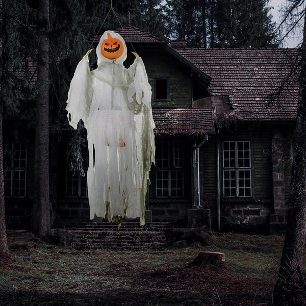 3.9' Outdoor Halloween Hanging Pumpkin Ghost W/ Light Up - Discount Halloween City