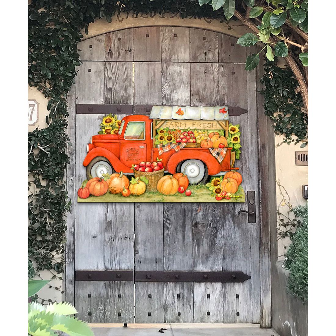 Pumpkin Produce Truck Thanksgiving Door Decor by Susan Winget - Halloween Decor - 8471202H-SW