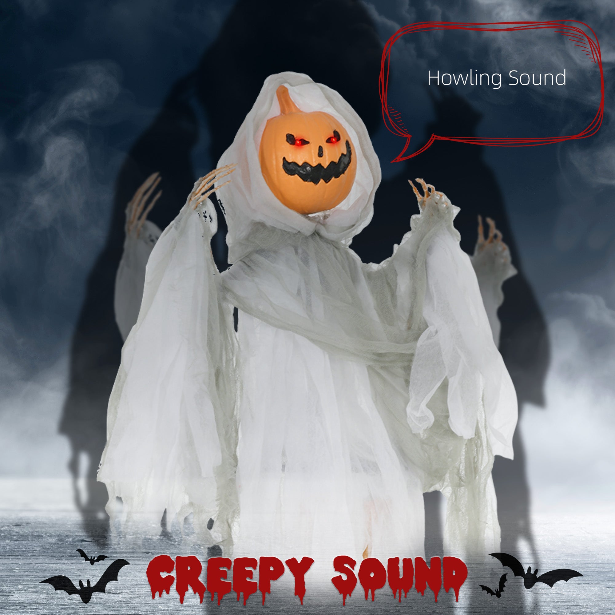 3.9' Outdoor Halloween Hanging Pumpkin Ghost W/ Light Up - Discount Halloween City