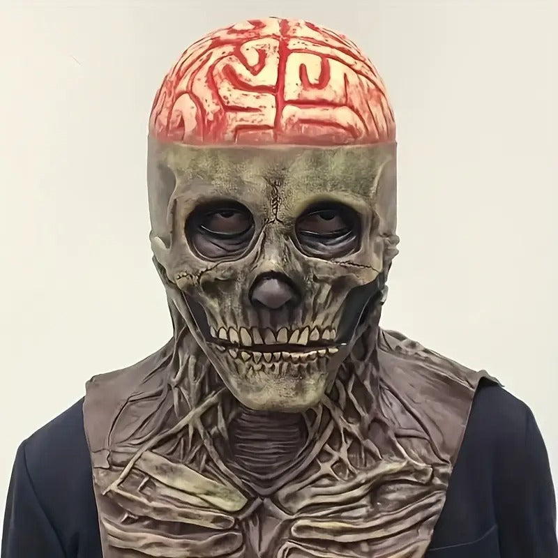 Halloween Skull Mask with Brain and Hat