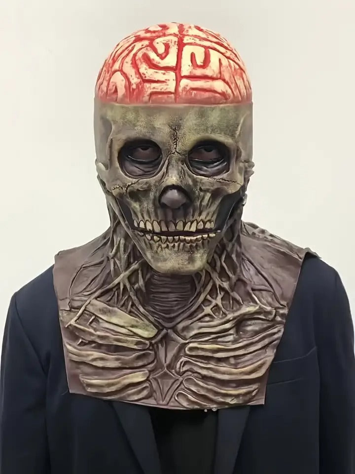 Halloween Skull Mask with Brain and Hat