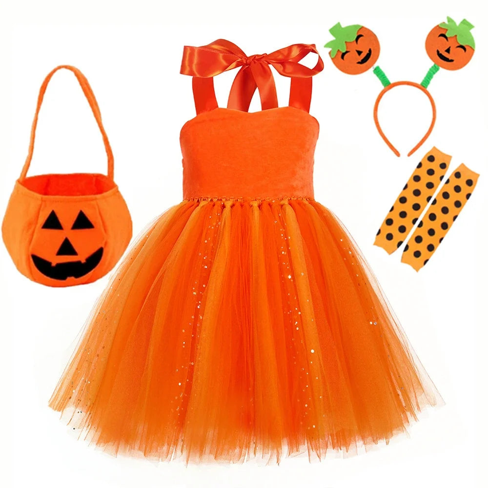 Arrival Girls’ Halloween Pumpkin Pattern Dress – Princess Cosplay Costume Set Party, and Stage Performance, MyKids-USA®, Costume Dresses, MyKids-USA - Size/Age - S (1-2Y) - Color - Orange -  -  - TR2508202028-E.
