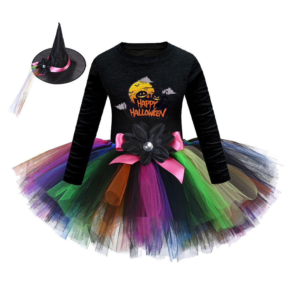 Arrival Girls’ Halloween Costume: Long Sleeves Cartoon Printed Witches Cosplay Party Tulle Patchwork Dress with Hat Set, MyKids-USA®, Costume Dresses, MyKids-USA - Size/Age - S (1-3Y) - Color - Red -  -  - TR2409091008-H.