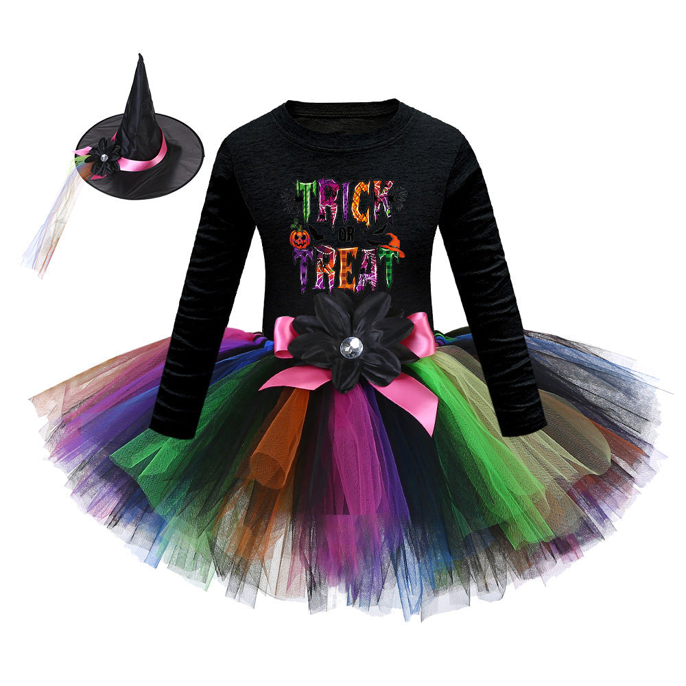 Arrival Girls’ Halloween Costume: Long Sleeves Cartoon Printed Witches Cosplay Party Tulle Patchwork Dress with Hat Set, MyKids-USA®, Costume Dresses, MyKids-USA - Size/Age - S (1-3Y) - Color - Apricot -  -  - TR2409091008-A.