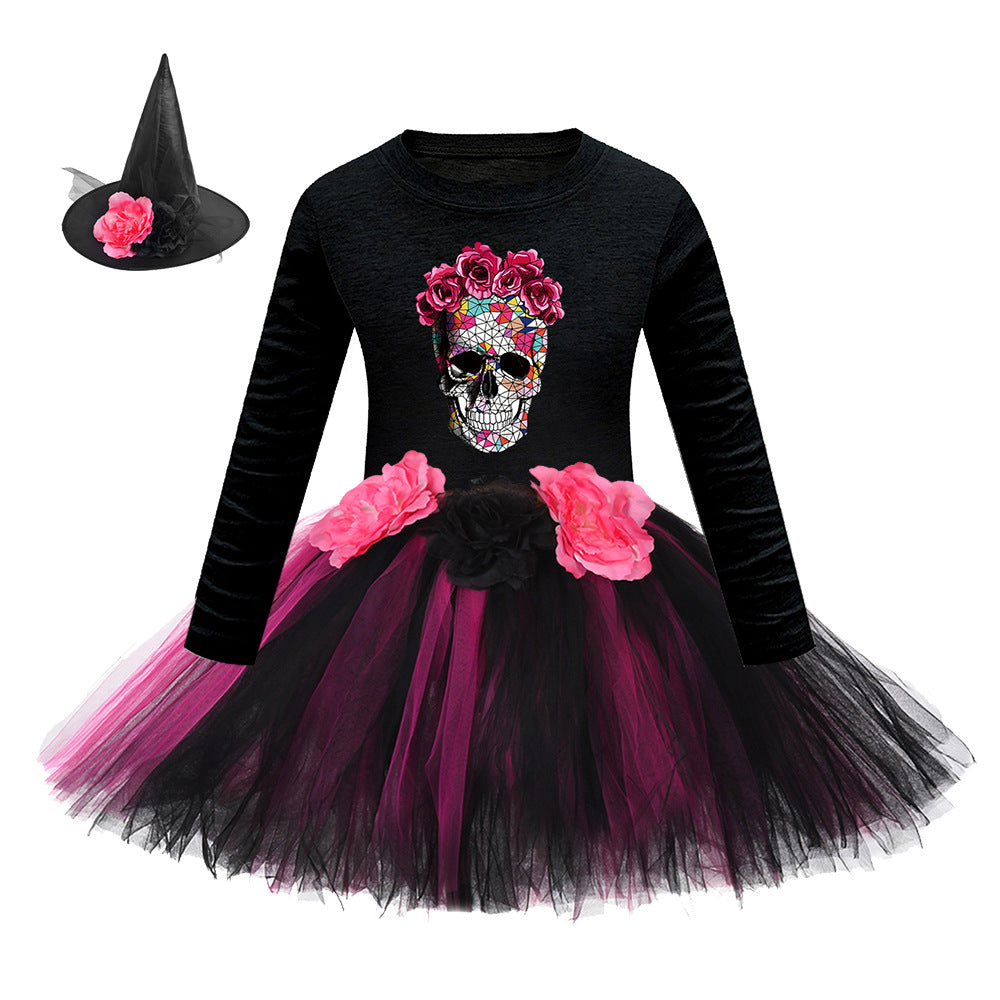 Arrival Girls’ Halloween Costume: Long Sleeves Cartoon Printed Witches Cosplay Party Tulle Patchwork Dress with Hat Set, MyKids-USA®, Costume Dresses, MyKids-USA - Size/Age - S (1-3Y) - Color - Coffee -  -  - TR2409091008-D.