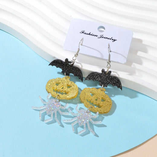 Halloween Acrylic Bat, Spider & Pumpkin Drop Earrings