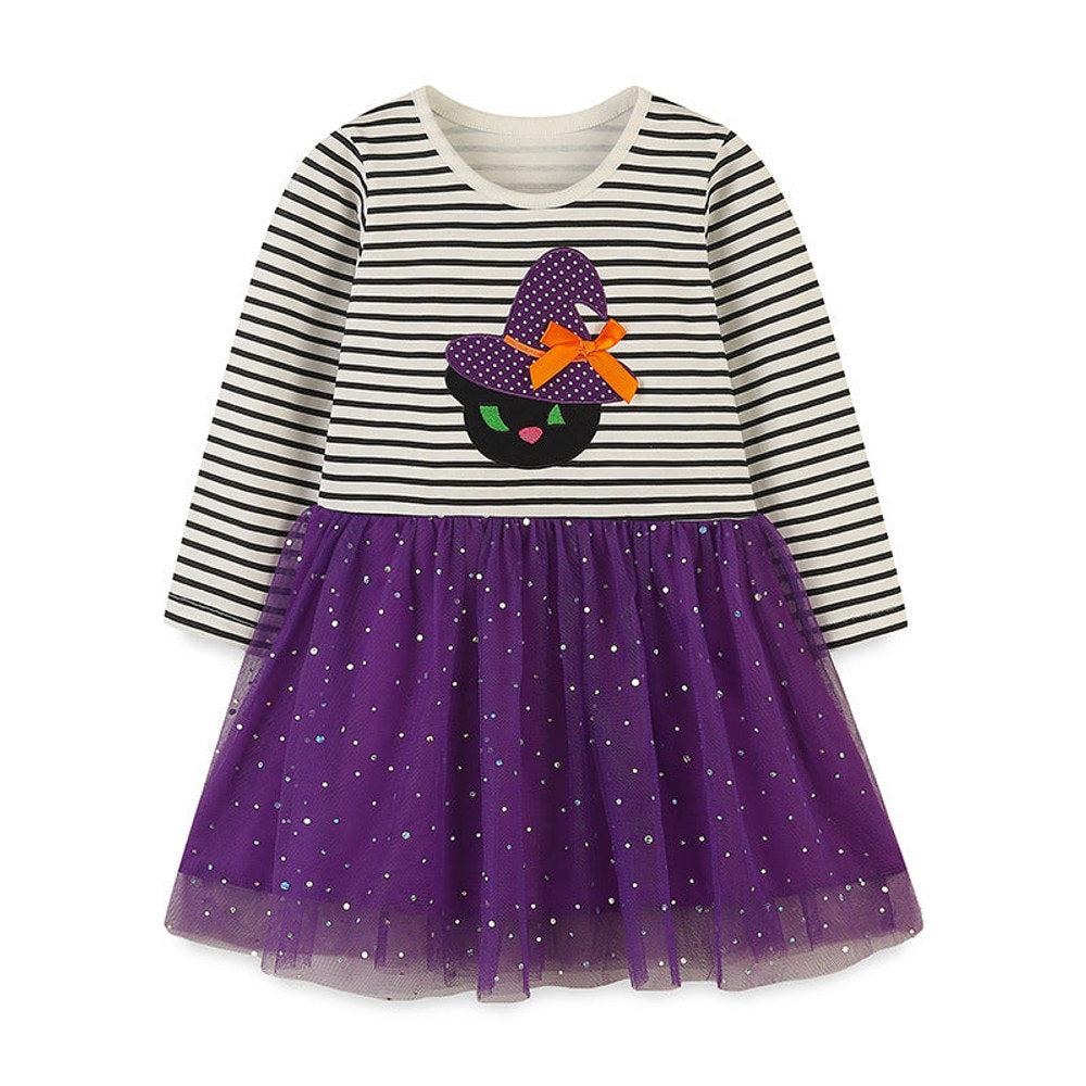 MyKids-USA® Striped Embroidered Tulle Dress: Halloween Edition For Girls