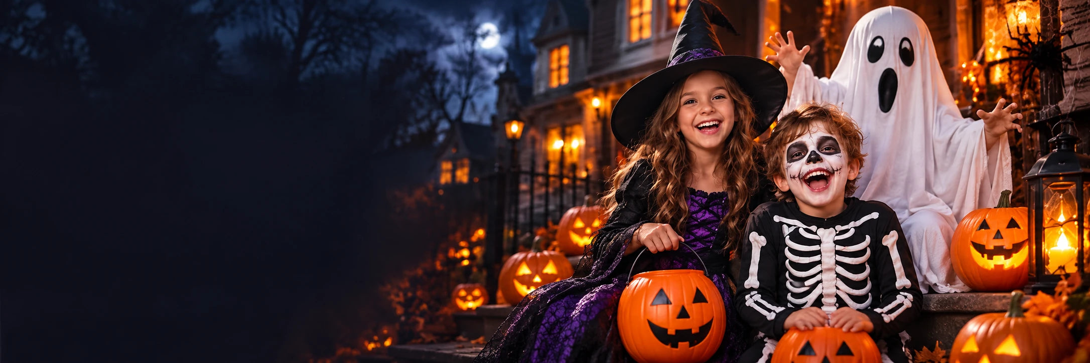 Three children dressed in Halloween costumes with trick-or-treat buckets